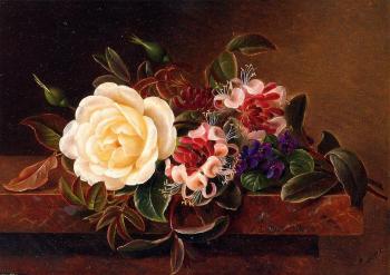 Johan Laurentz Jensen : Still Life with a Rose and Violets on a Marble Ledge